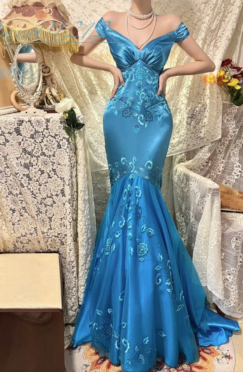 Blaues Blumenkleid, elegantes langes Satin-Ballkleid, Abendkleid, Partykleid, Brautjungfernkleider gh4464