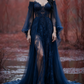 girlhomeshops-Langarm Tüll Bodenlang Schleppe Retro Elegant Ballkleid Abendkleid gh5943