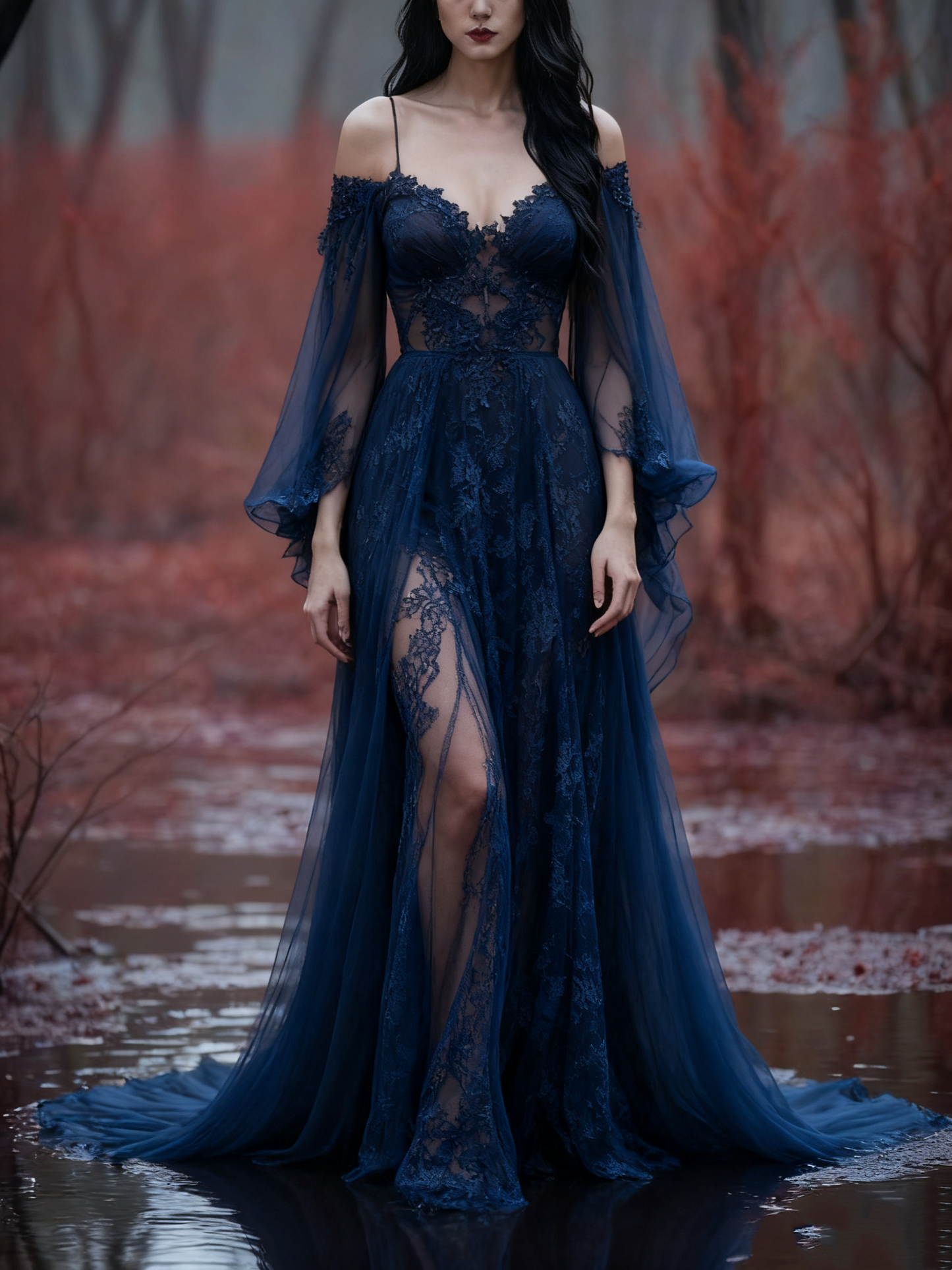 girlhomeshops-Langarm Tüll Bodenlang Schleppe Retro Elegant Ballkleid Abendkleid gh5943