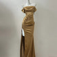 Robe de soirée longue en satin doré métallisé/champagne clair/blanc gh4840