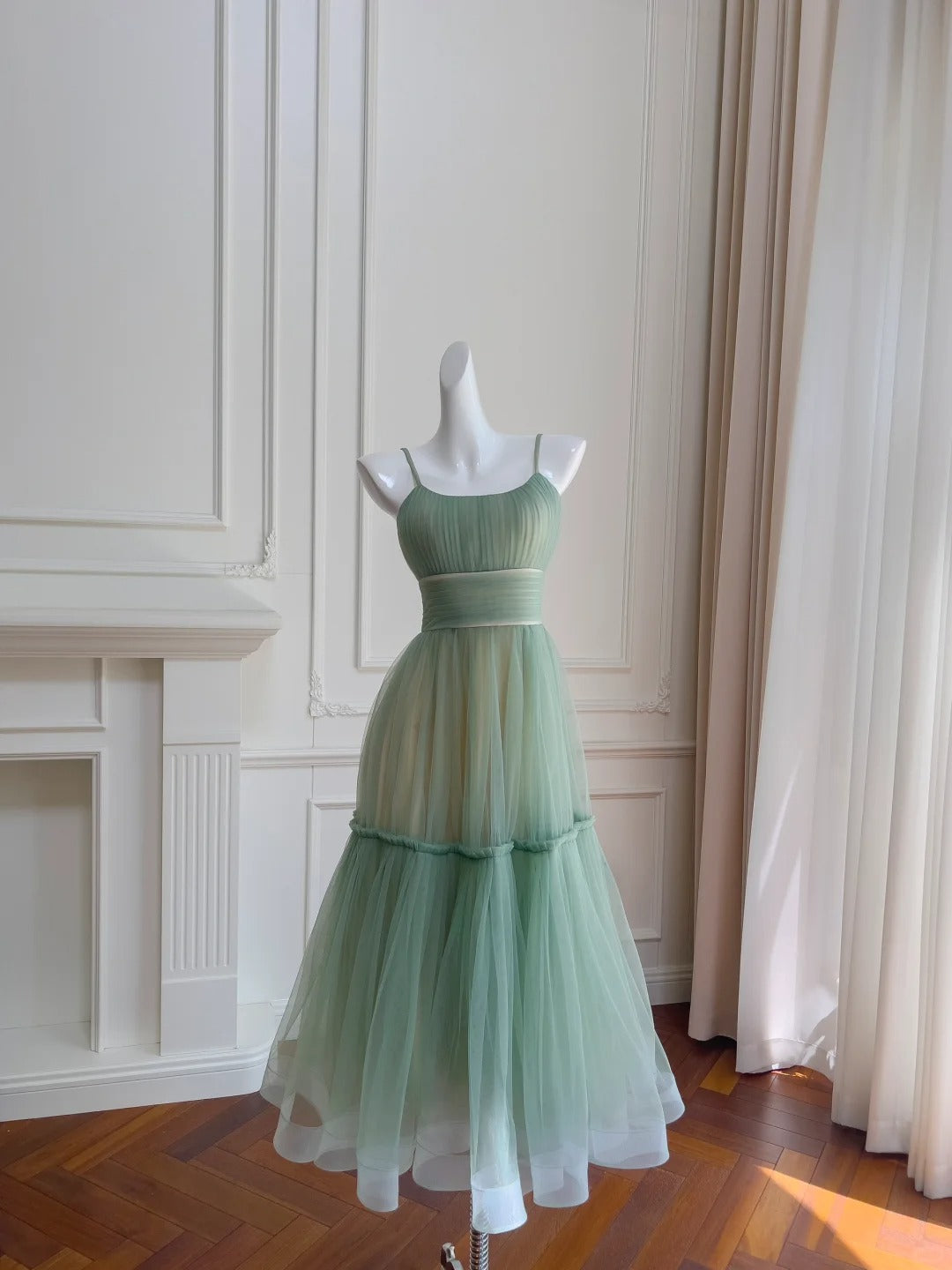 Mintgrünes, fließendes, langes Chiffon-Ballkleid für Geburtstagspartys, gh4405