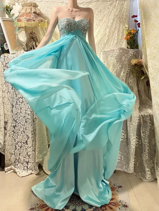 Robe de soirée longue en mousseline de soie, magnifique robe sirène à perles bleues, gh4441