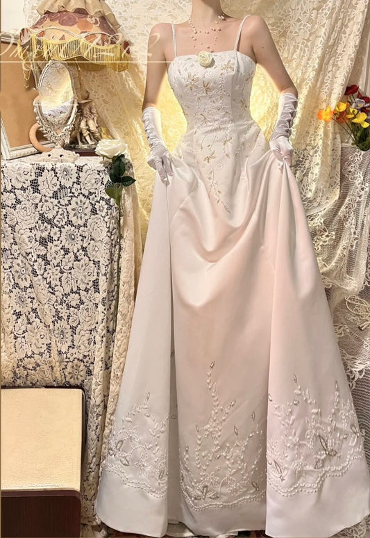 Weiß und gelb exquisite Perlendekoration langes Satin Ballkleid Abendkleid Brautkleid gh4509