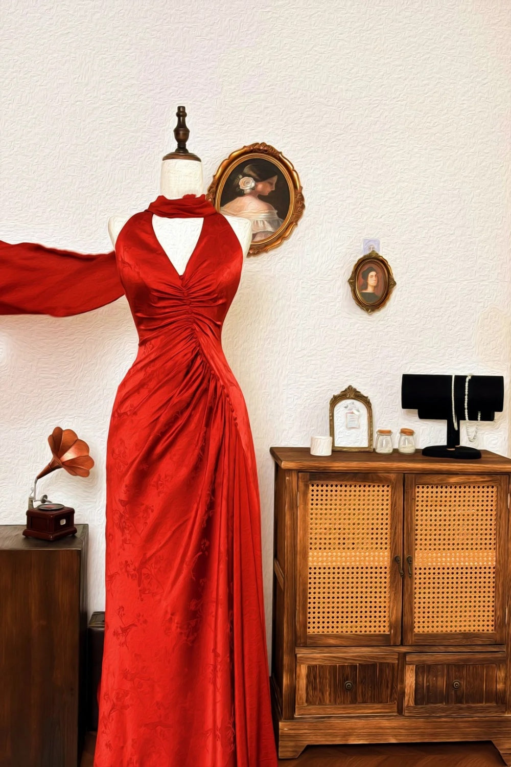 Coupe flatteuse ! Robe longue rouge Niche Design, col halter, manches cape, idéale pour les fiançailles (gh7006)