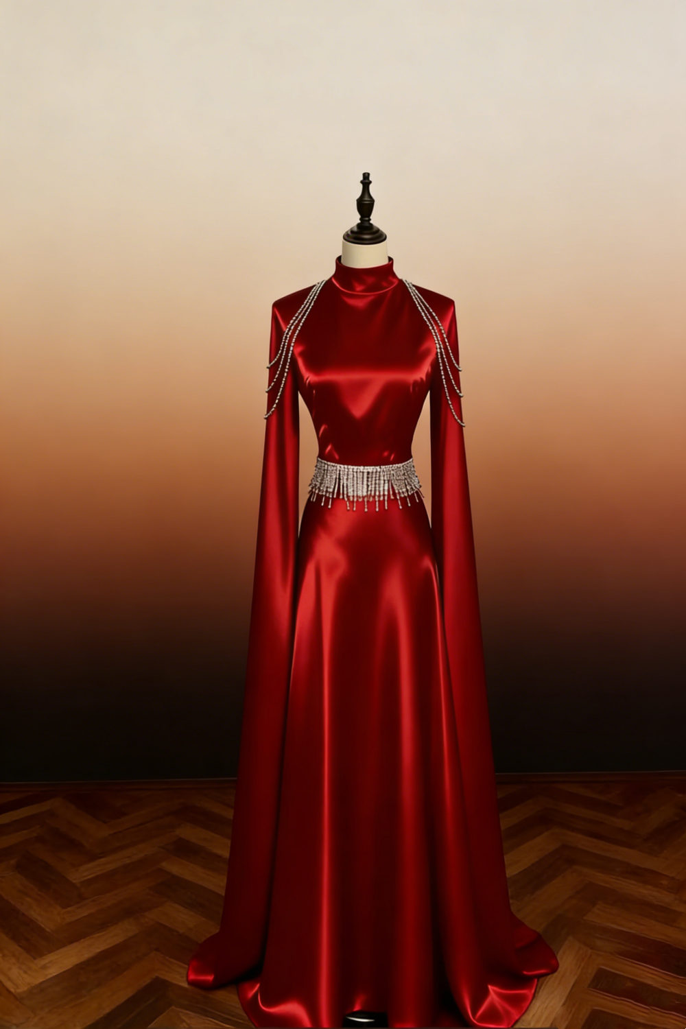 Burgunderrotes, hochglänzendes Satin-Abendkleid mit Stehkragen – Vintage-Luxus-Maxikleid mit Kristallfransen und weiten Ärmeln gh6970