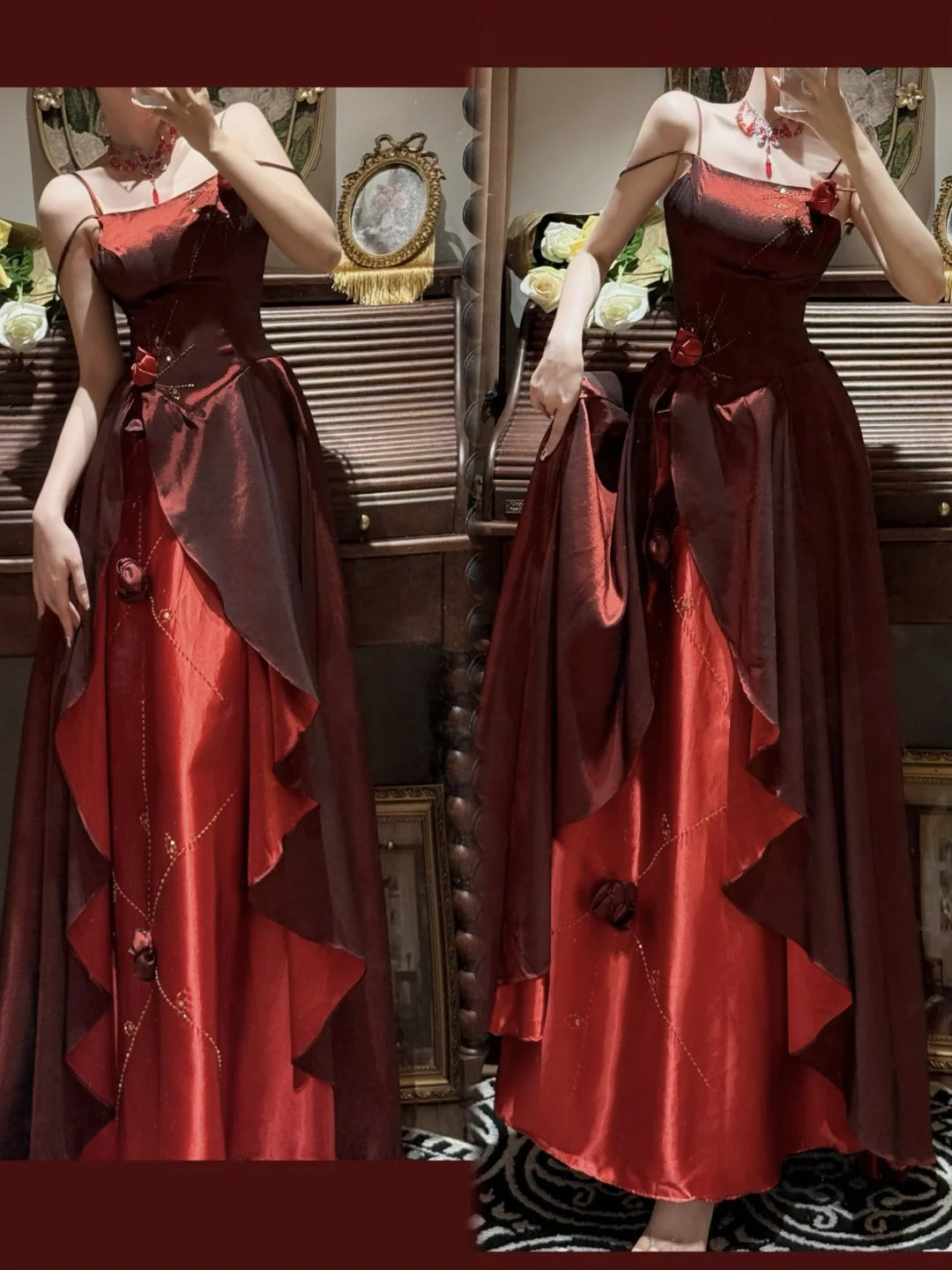 Robe de soirée longue en satin et tulle à fleurs, tenue de bal, de remise de diplôme, bordeaux, exquise, perlée, gh4255