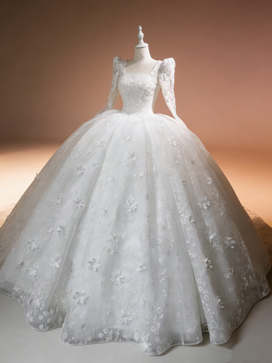 Robe de bal blanche style royal à manches bouffantes - Robe de mariée d'église en dentelle richement brodée gh6968
