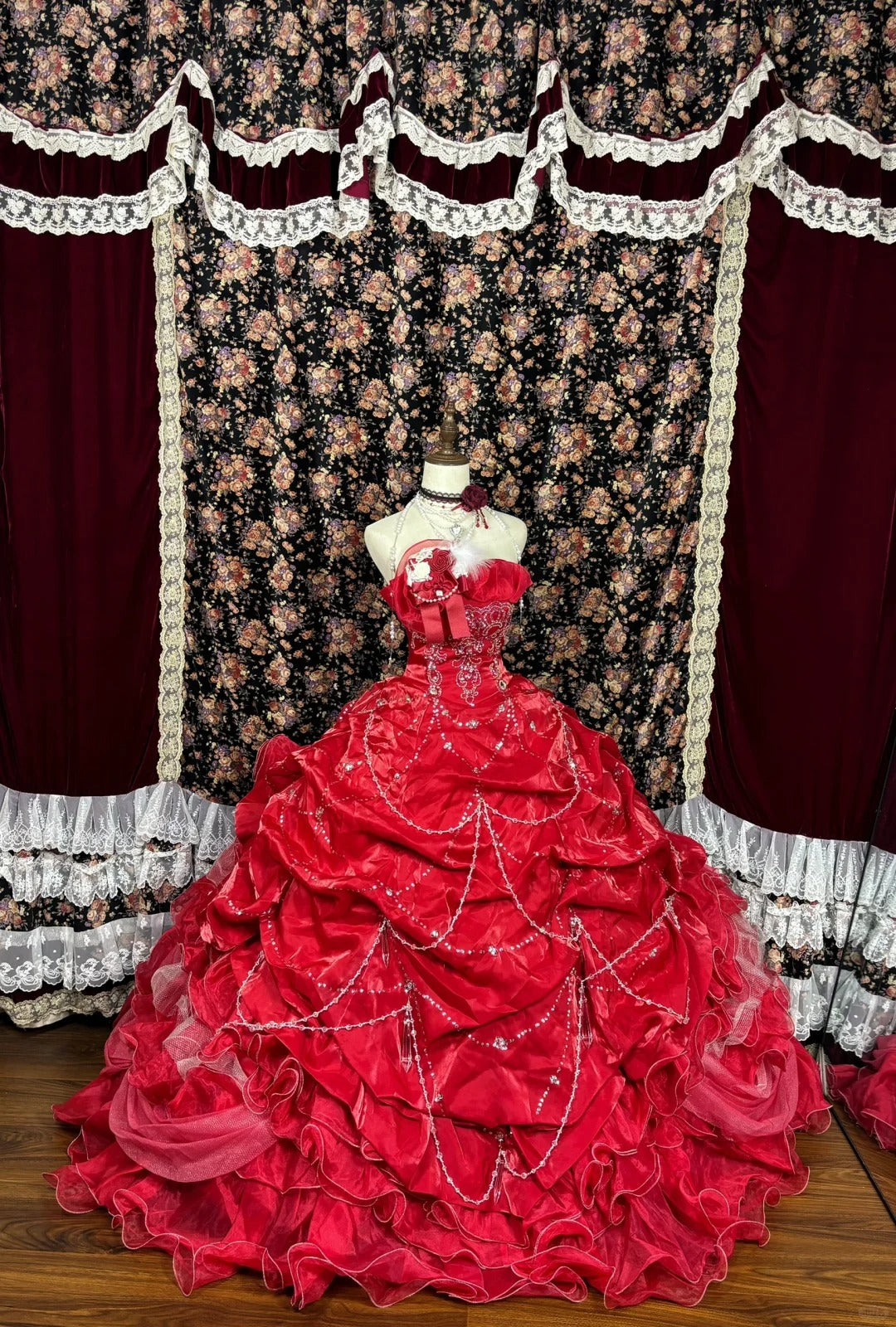 Red floral beaded long satin ball gown evening dress gh4768