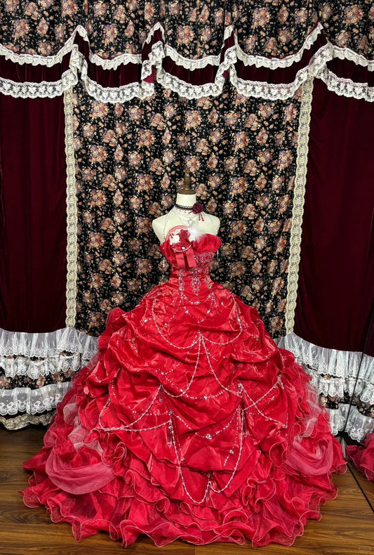 Red floral beaded long satin ball gown evening dress gh4768