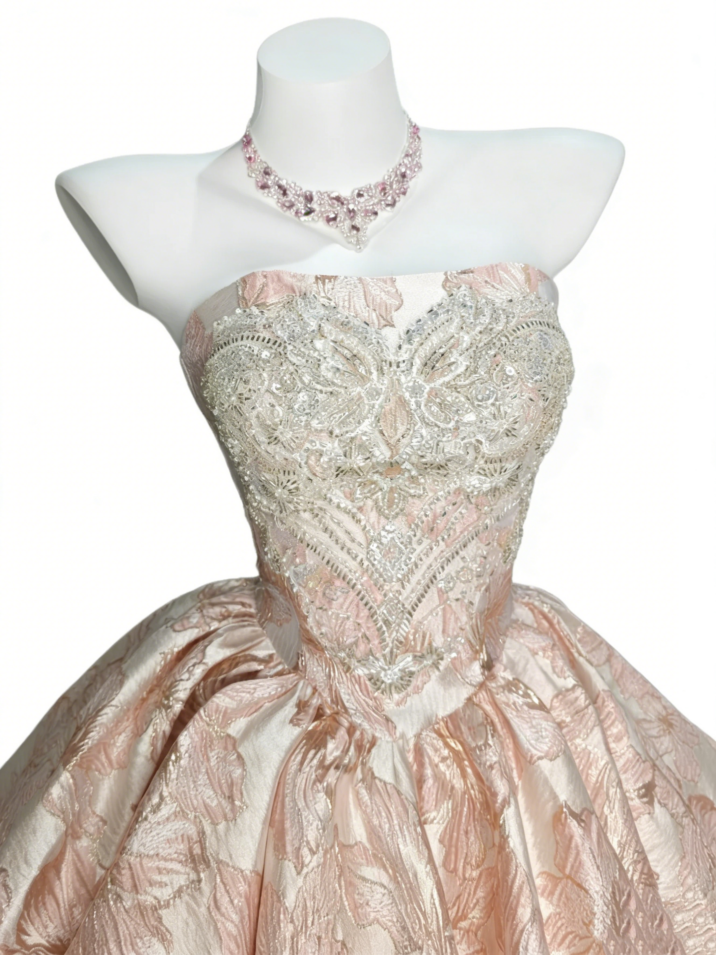 Pink-Gold Butterfly Feather Strapless Beaded Mini Ball Gown gh6922