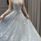Robe de soirée longue en tulle bleu clair, élégante et magnifique, avec perles, robe de mariée brillante, gh4353