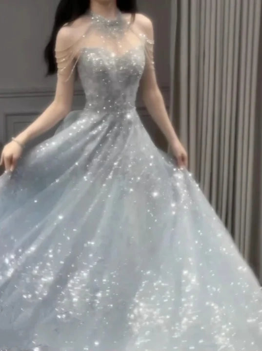 Robe de soirée longue en tulle bleu clair, élégante et magnifique, avec perles, robe de mariée brillante, gh4353