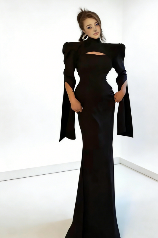 Robe longue sirène noire mate à col montant et découpes - Épaules rembourrées et manches larges - Glamour sombre gh6971
