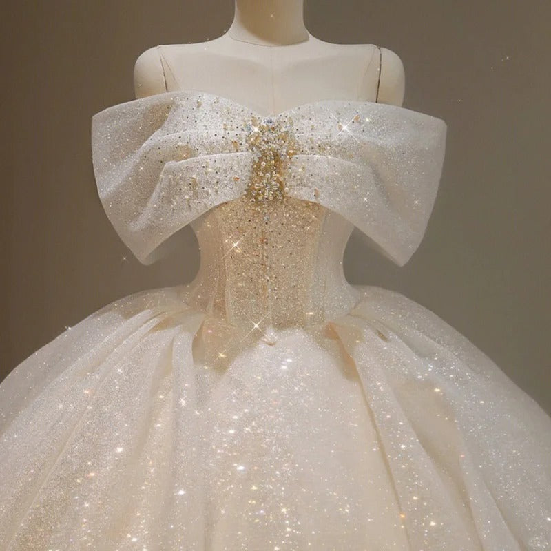 Girlhomeshops - Robe de bal élégante en dentelle blanche, magnifique, épaules dénudées, nœud, décoration en perles étoilées et sol, robe de mariée exquise gh5312