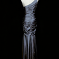 One Shoulder 3D Floral Applique Ruched Bodycon Mermaid Hem Metallic Satin Evening Gown | Formal Prom Wedding Guest Dress gh7101