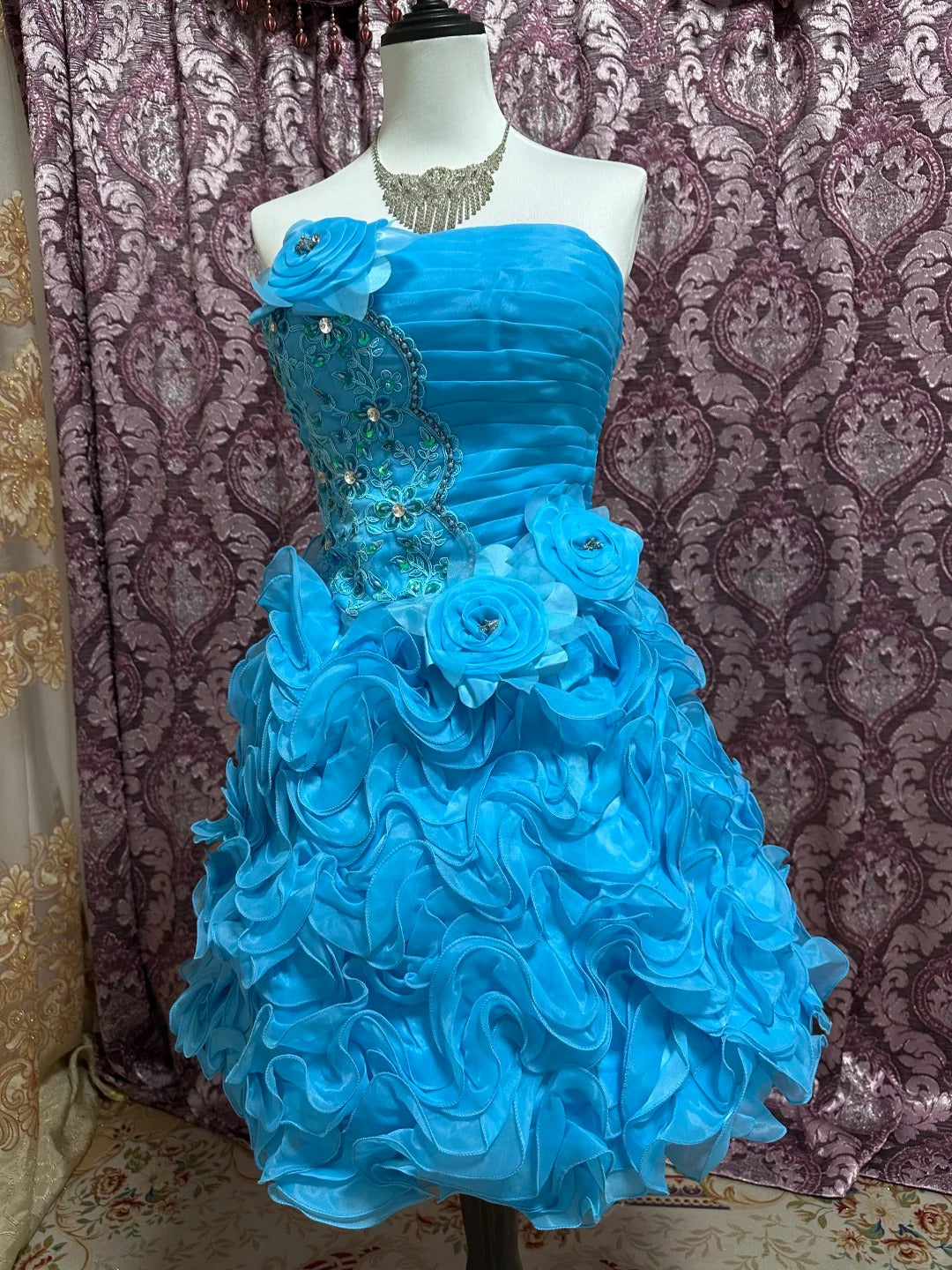 Grün/Blau Perlenbesetztes Prinzessin-Tüll-Kurzballkleid gh4642