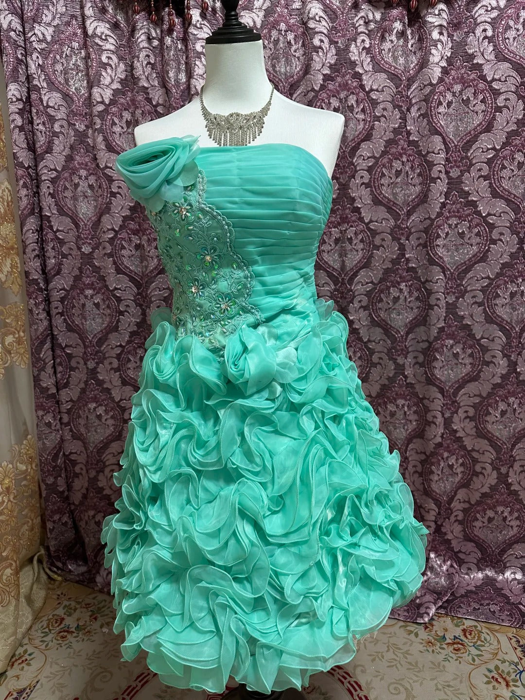 Grün/Blau Perlenbesetztes Prinzessin-Tüll-Kurzballkleid gh4642