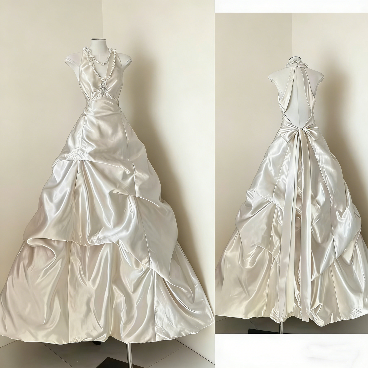 Satin-Neckholderkleid – Korsett-Rüschen-Ballkleid, leichtes Hochzeits-/Verlobungs-/Abendkleid gh6990