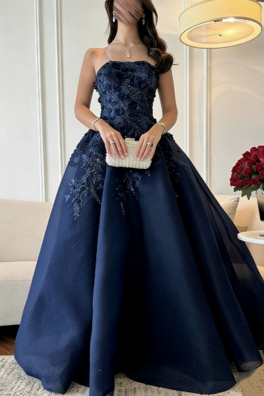Marineblaues, trägerloses Ballkleid mit 3D-Blumenapplikationen und Perlenstickerei, bodenlanges Abendkleid für formelle Hochzeiten und Abendveranstaltungen gh7098