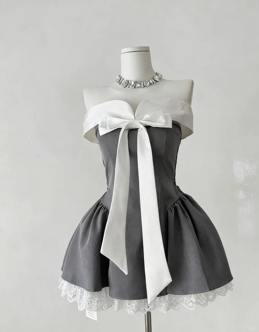 girlhomeshops - Robe de soirée courte grise en satin et dentelle gh5688
