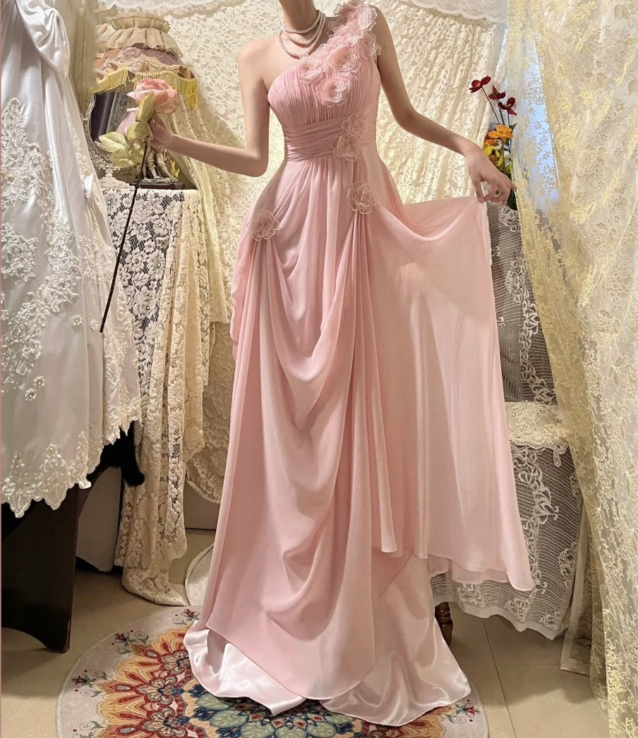 Rosa Mode Eine Schulter Lange Chiffon Ballkleid Abendkleid gh4430