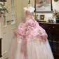 Vintage Romantic Light Pink Retro Gown - Strapless 3D Flower Layered Lace Ballgown Party Maxi Dress gh6998