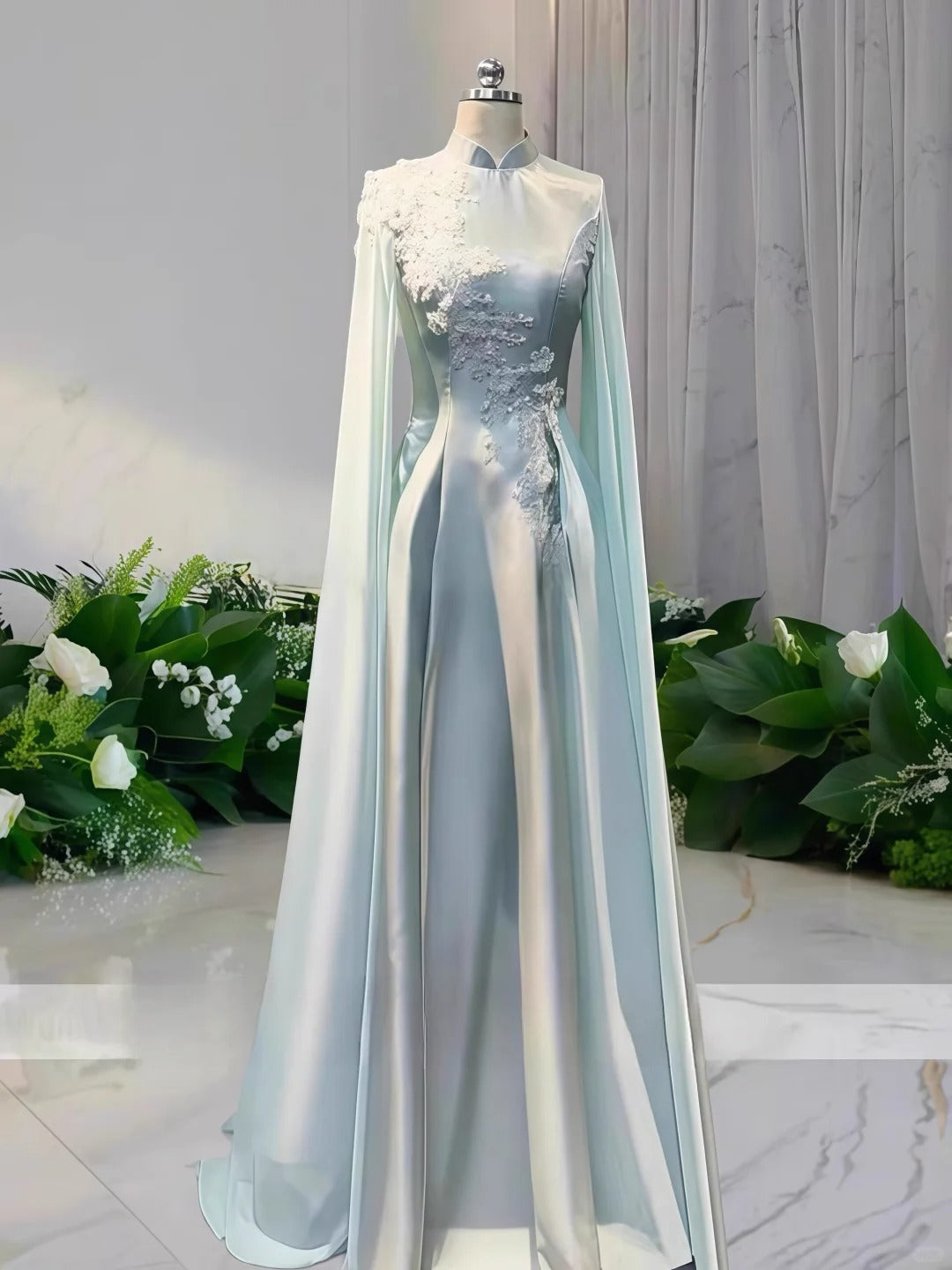 Girlhomeshops - Robe de bal longue en satin vert clair à fleurs et perles, robe de cérémonie à manches longues gh5309