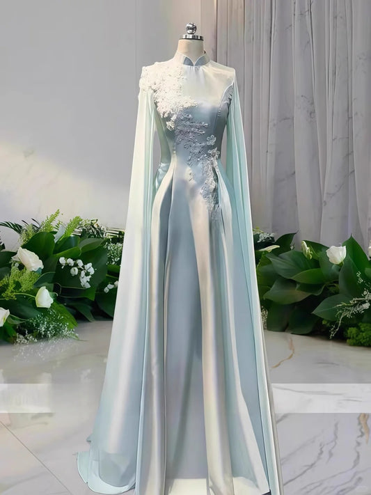 Girlhomeshops - Robe de bal longue en satin vert clair à fleurs et perles, robe de cérémonie à manches longues gh5309