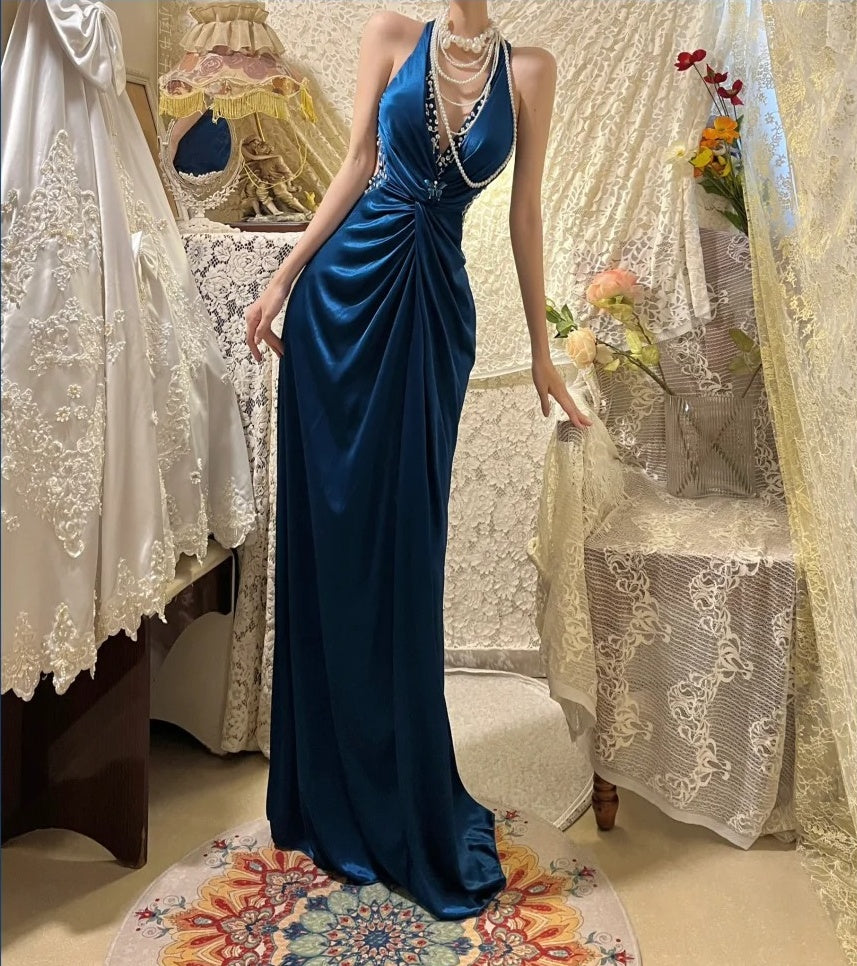 Robe de bal longue en satin bleu rétro élégante et tendance, robe de soirée, robe de remise de diplôme, gh4257