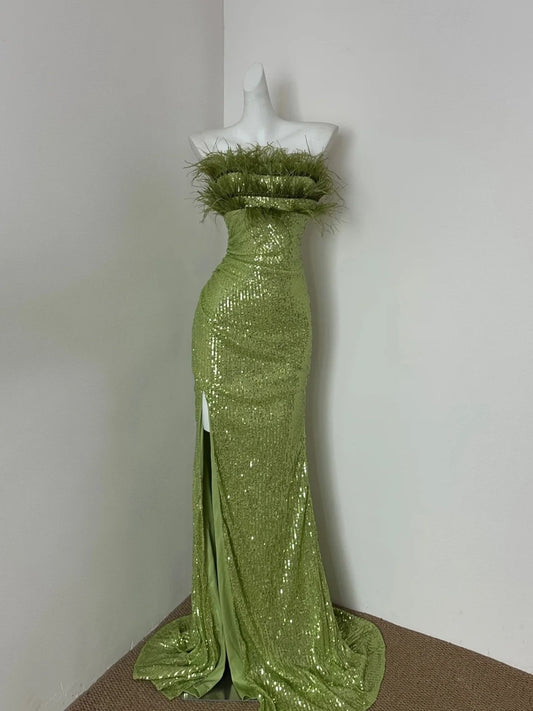 Robe de soirée longue à paillettes vertes brillantes gh4836