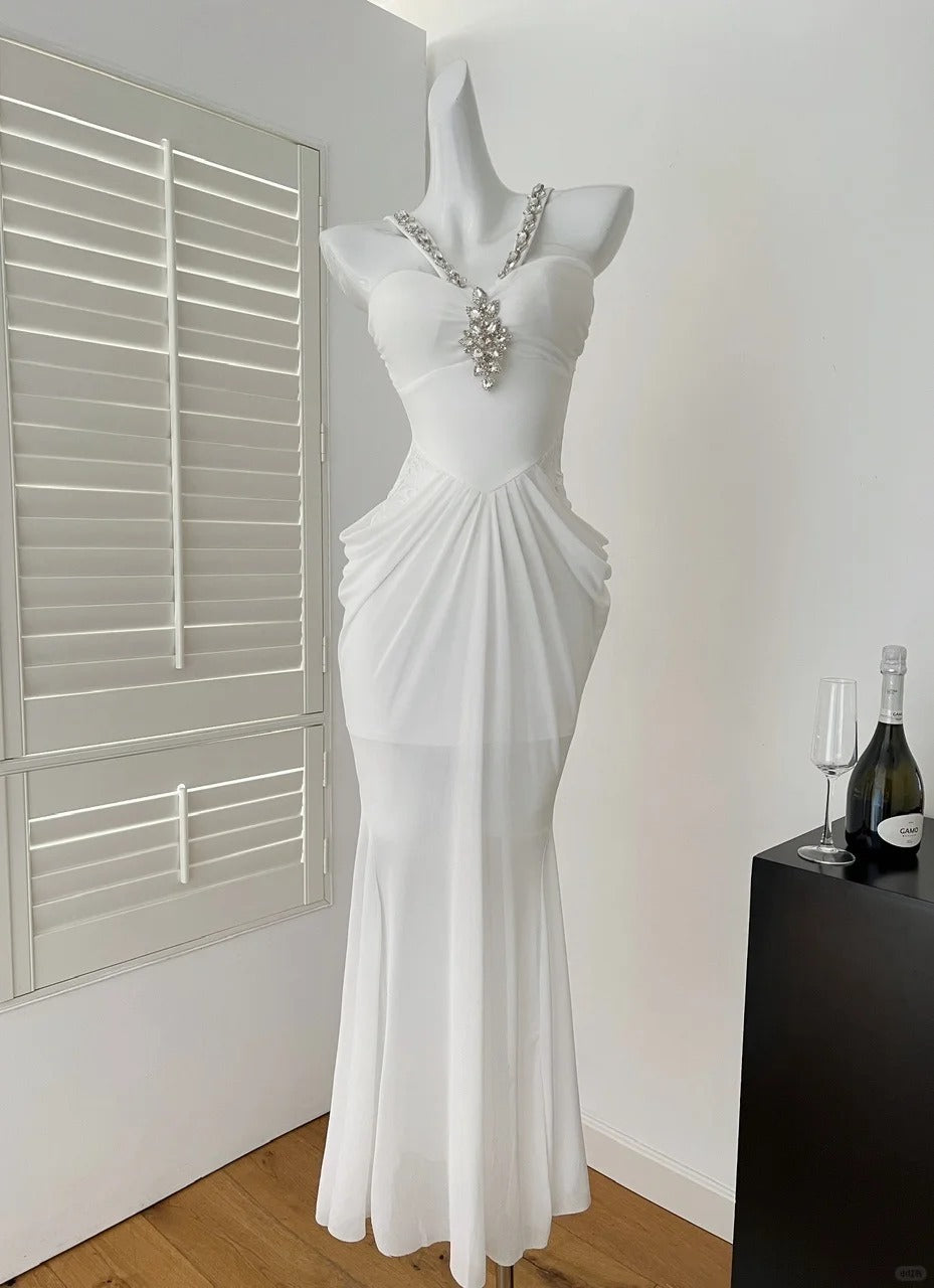 Weißes schweres Diamant-Neckholder-Kleid, langes Chiffon-Ballkleid, Abendkleid, Ballkleid, gh4333