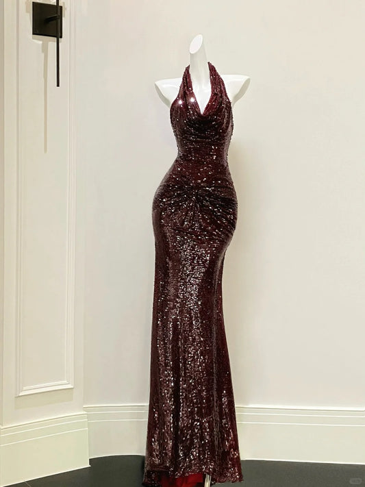 ✨Burgundy backless fishtail skirt walking galaxy long ball gown evening dress prom dress gh4332