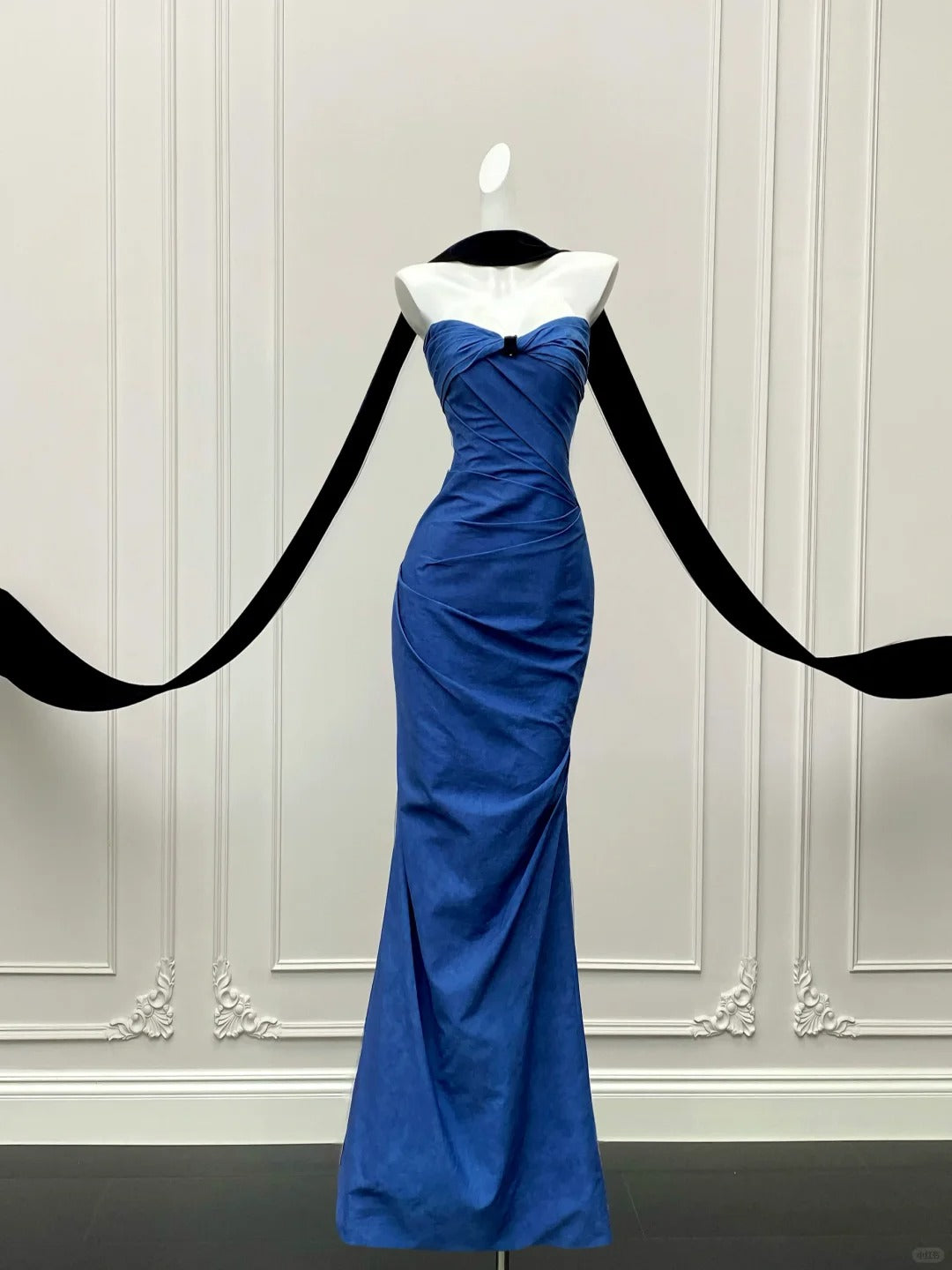 💙Blue tube top dress retro high-end black ribbon ball gown evening dress gh4328