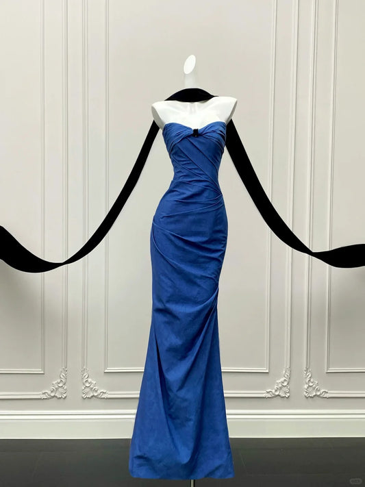 💙Blue tube top dress retro high-end black ribbon ball gown evening dress gh4328