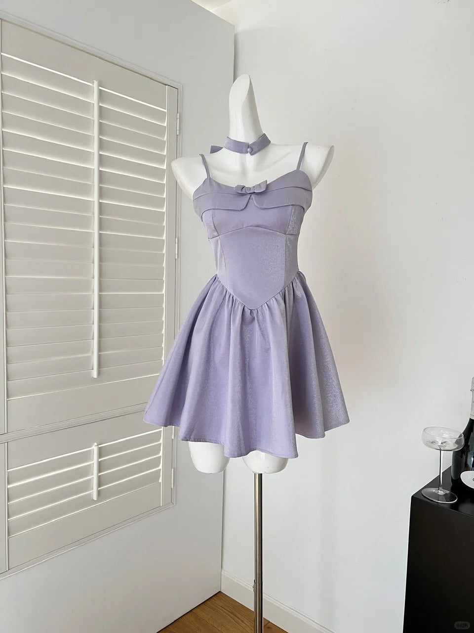 Robe de soirée courte en satin avec nœud violet, robe de bal, robe de fête d'anniversaire, gh4559