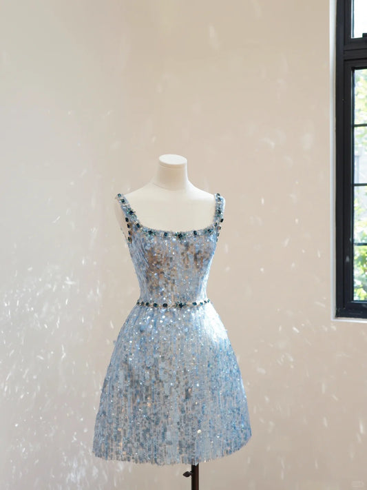 Hellblau wunderschöne exquisite Perlen glänzend Nische kurzes Heimkehrkleid Geburtstag Cocktailpartykleid gh4307
