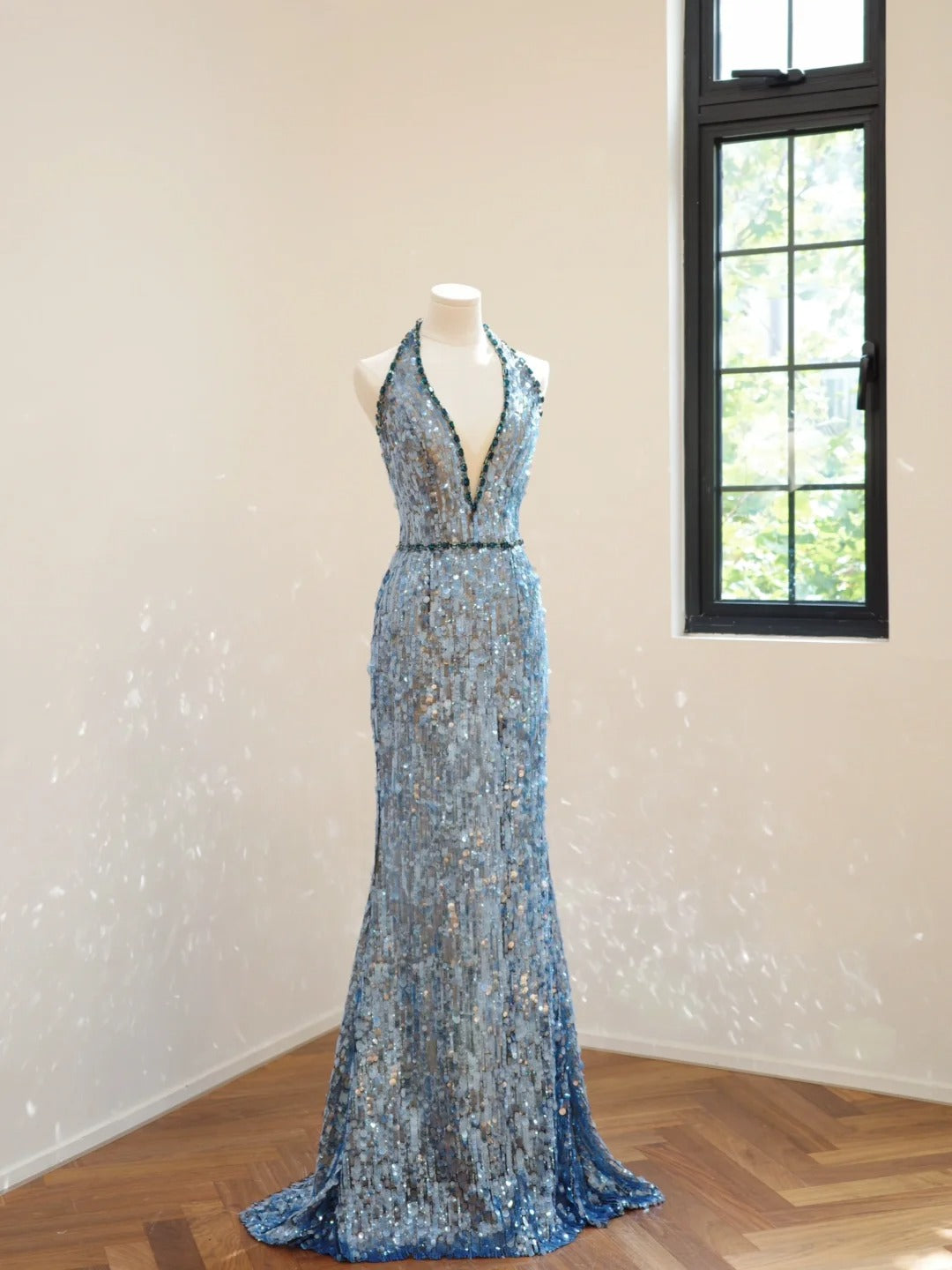 Girlhomeshops-Blaues, modisches V-Ausschnitt-Lang-Pailletten-Ballkleid-Abendkleid gh5069