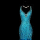 Blue Shiny Fashion Elegant V-neck Floral Long Mermaid Slim Fishtail Skirt Satin Floor Length Train Ball Gown Evening Gown Party Dress Prom Dress gh3818