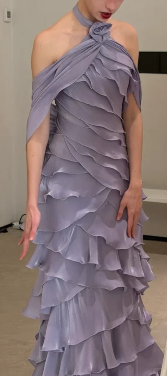 Shimmering Lilac Halter Dress with Cascading Ruffles Floral Accent Elegant Floor-Length Mermaid Formal Gown gh7102