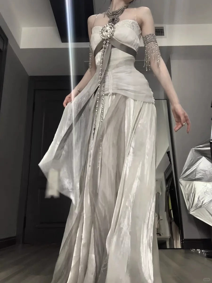 White and gray fairy long satin tulle ball gown evening gown graduation gown gh4492
