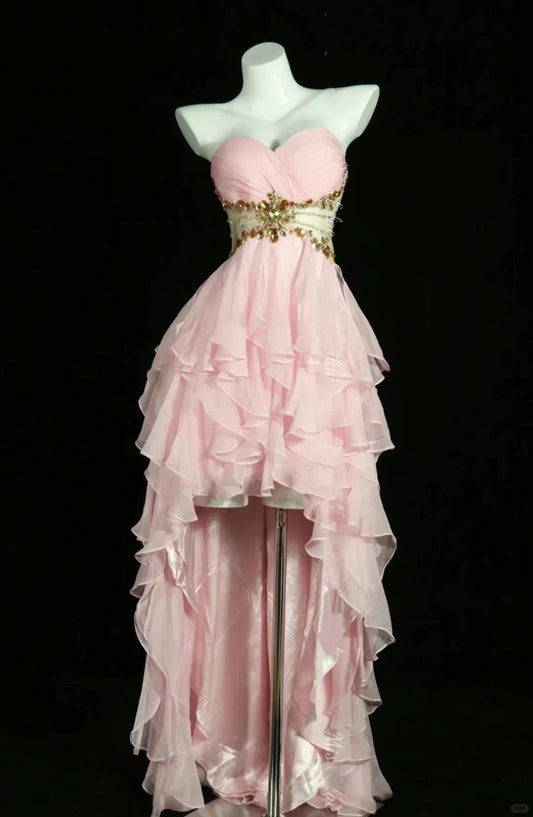 Pink ruffles rhinestones elegant beautiful long/short prom dress evening dress homecoming dress birthday party dress gh4723