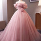 Pink Rose - Off-the-Shoulder 3D Floral Ball Gown, Tulle Train Princess Dress gh7071
