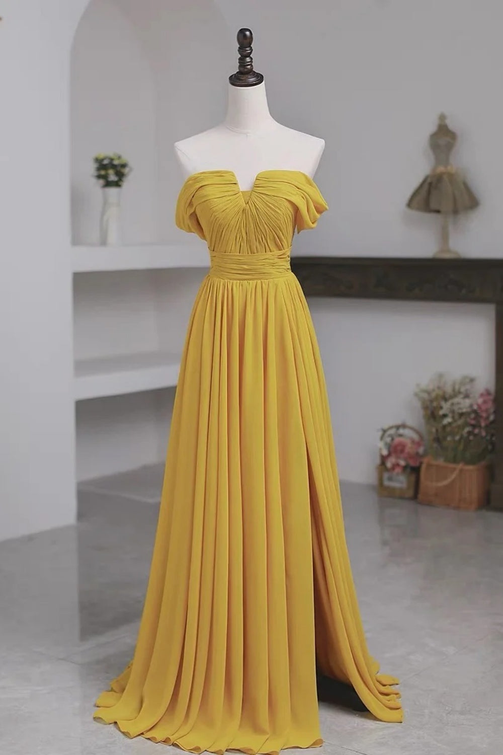 Off-the-Shoulder Ruched Chiffon Gown, Slit Flowy Elegant Dress gh7073
