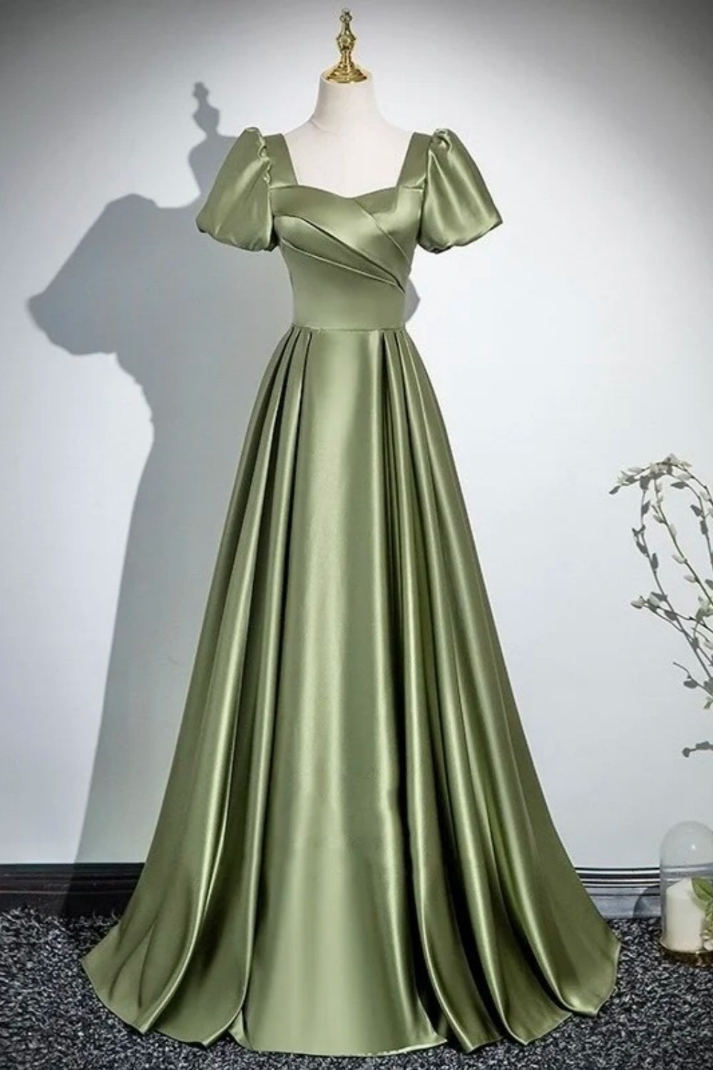 Vintage Olive Green - Square Neck Puff Sleeve Satin Gown, Waisted Flare Socialite Evening Dress  gh7074