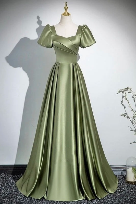 Vintage olivgrünes Satinkleid mit eckigem Ausschnitt, Puffärmeln und taillierter, ausgestellter Silhouette – ein elegantes Abendkleid für mondäne Damen (gh7074).
