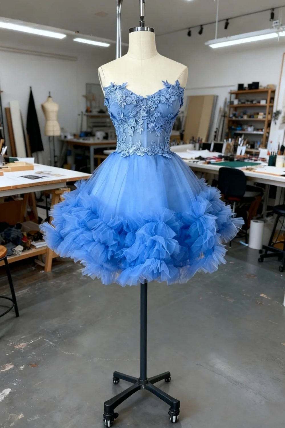 girlhomeshops - Robe courte en tulle bleu délicat ornée de perles, robe de bal de promo/anniversaire gh6163