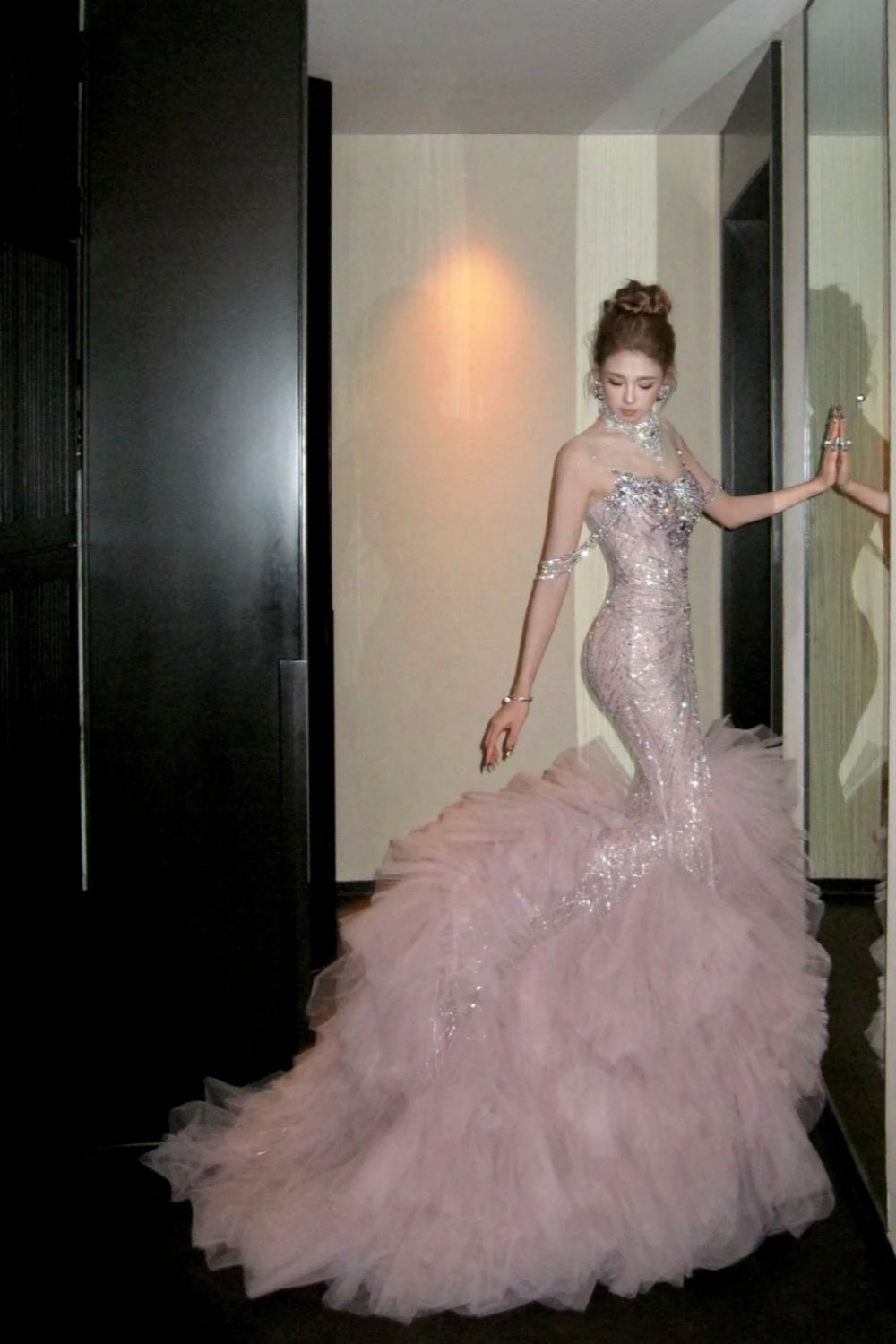 Robe de soirée sirène longue en mousseline rose, luxueuse et ornée de perles, coupe ajustée, gh6758