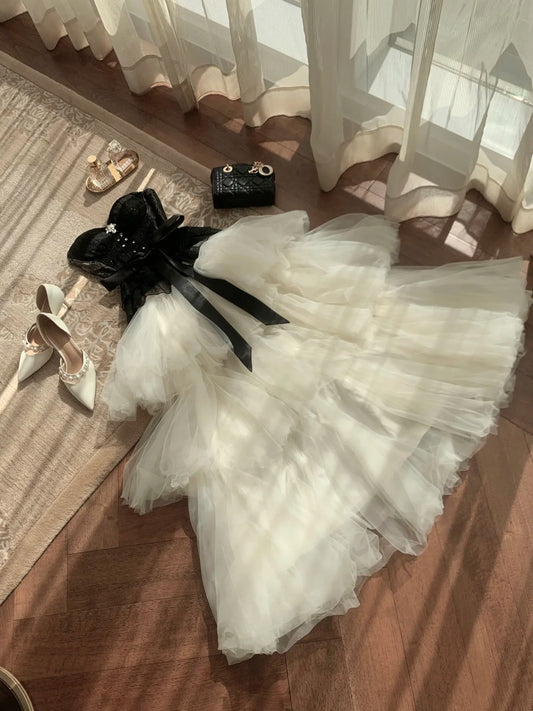 Niche Luxury Black & White Gown Strapless Lace Tulle Atmosphere Dress gh7003
