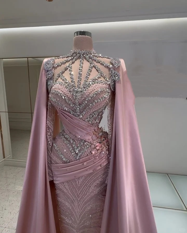 Girlhomeshops - Robe de soirée longue en satin rose, luxueuse et magnifique, ornée de perles et de strass (gh5017)
