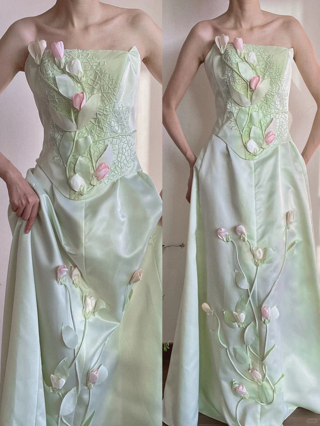Girlhomeshops-🌷🌿Grünes, bodenlanges Ballkleid aus Satin mit Tulpenapplikation, Abendkleid gh5240